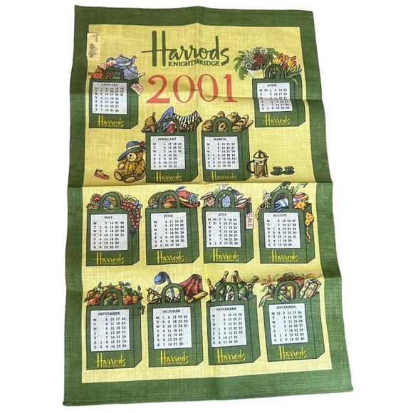 Harrods 100% Linen Calendar Tea Towel 2001 NWT - Picture 1 of 10